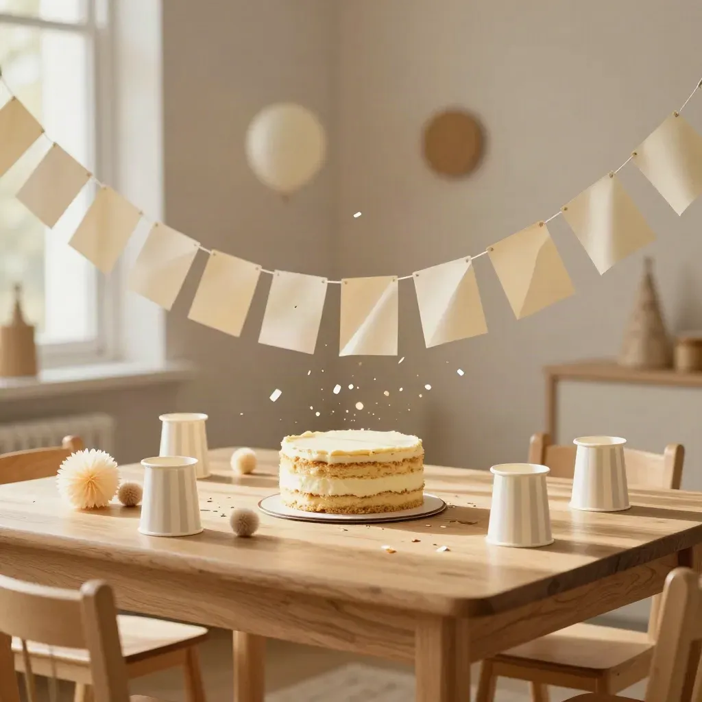 Table d’anniversaire enfant avec guirlande qui se déroule et confettis qui tombent