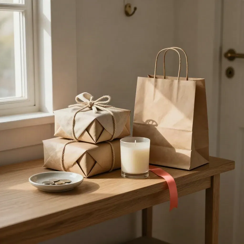 Petits cadeaux à budget serré posés sur une console d’entrée, lumière douce et ambiance chaleureuse.