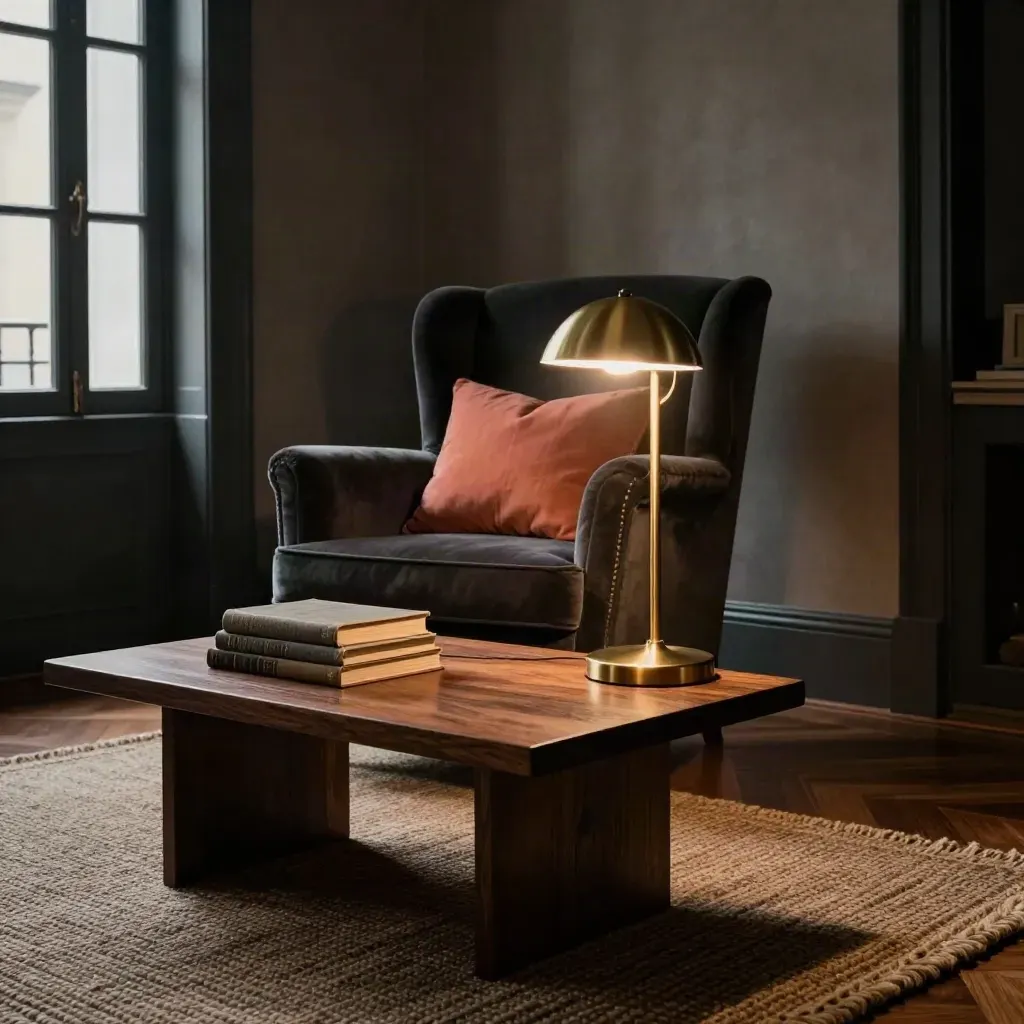 Coin lecture sombre avec fauteuil en velours, coussin corail, lampe laiton et pile de livres.