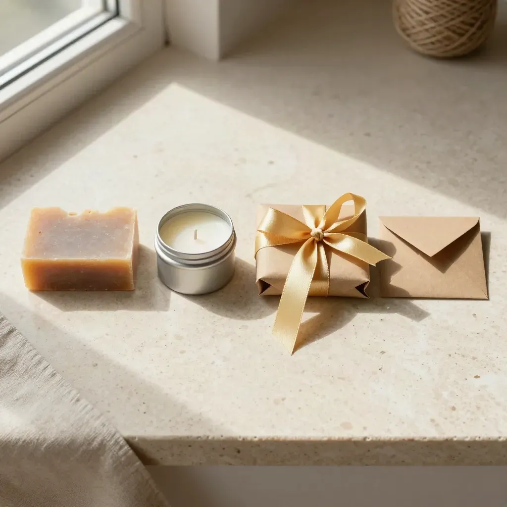 Vue du dessus de petits cadeaux rangés en ligne sur une pierre travertin, avec savon, bougie et ficelle.