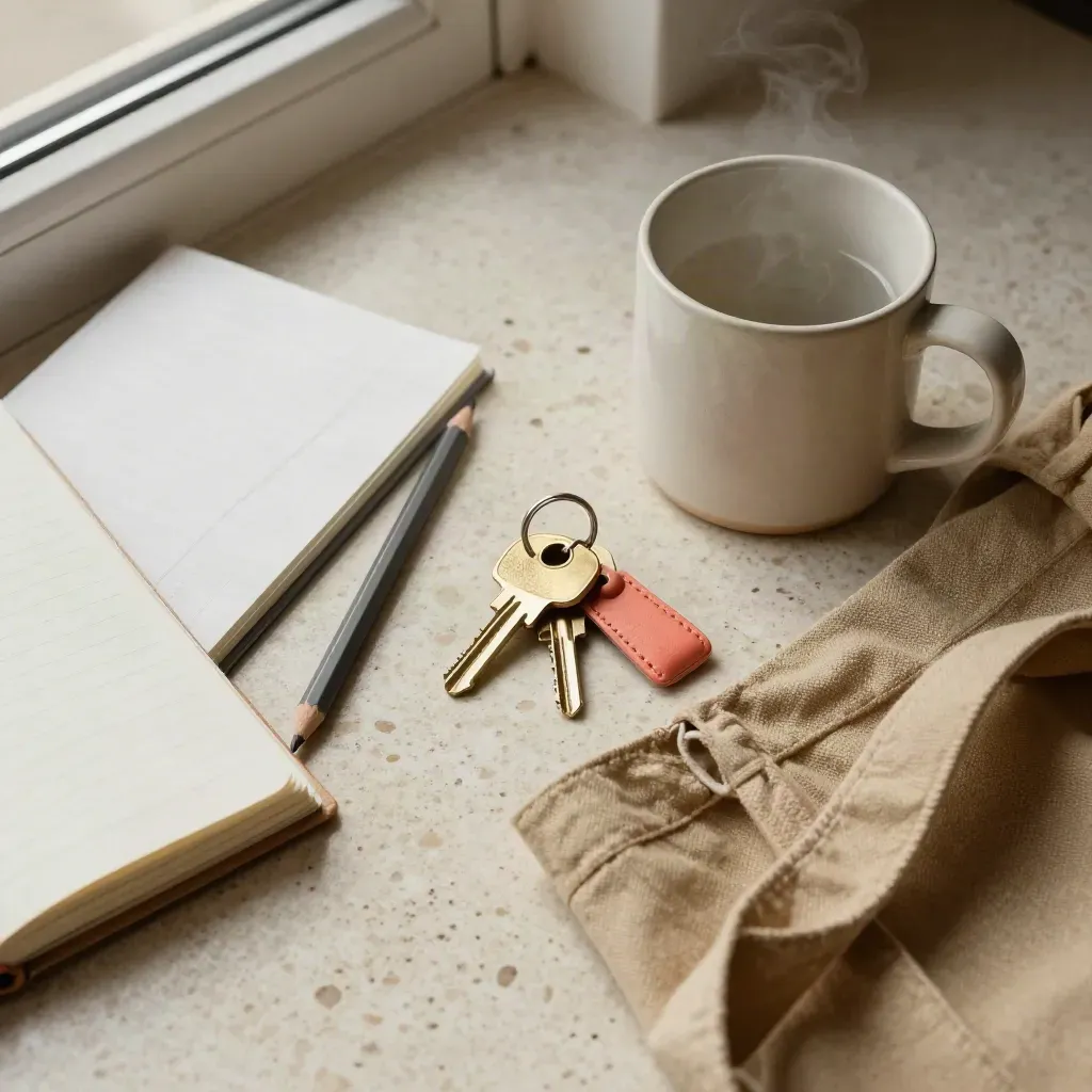 Vue du dessus d’un carnet fermé, clés, mug et tote bag sur une entrée en travertin.