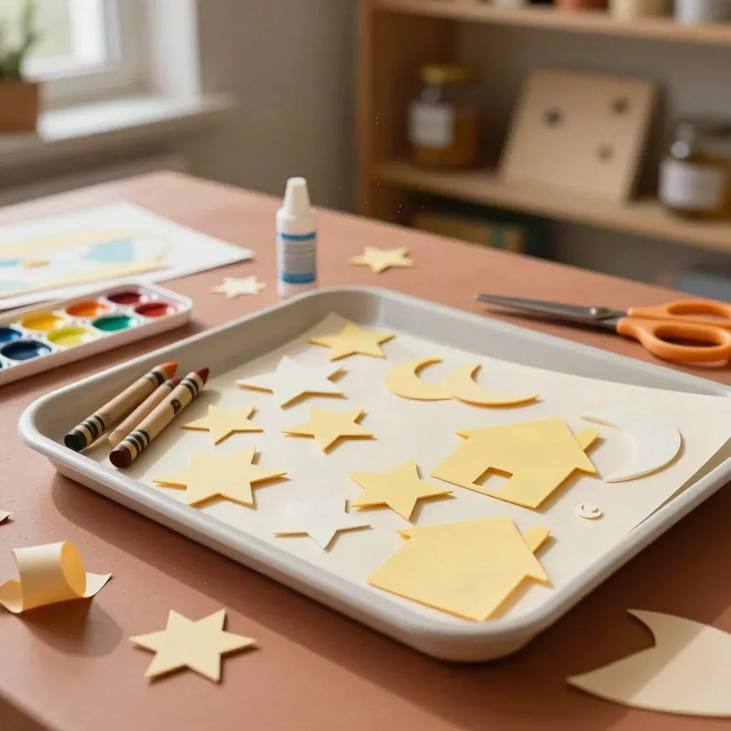 Atelier créatif enfants avec formes en papier, crayons, aquarelles et ciseaux qui débordent du plateau.