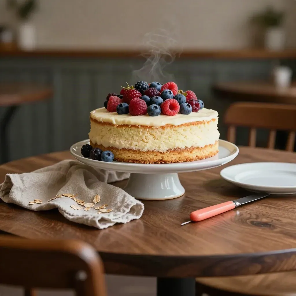 Gâteau simple à un étage avec baies, serviette en lin, assiette et couteau sur table en bois.