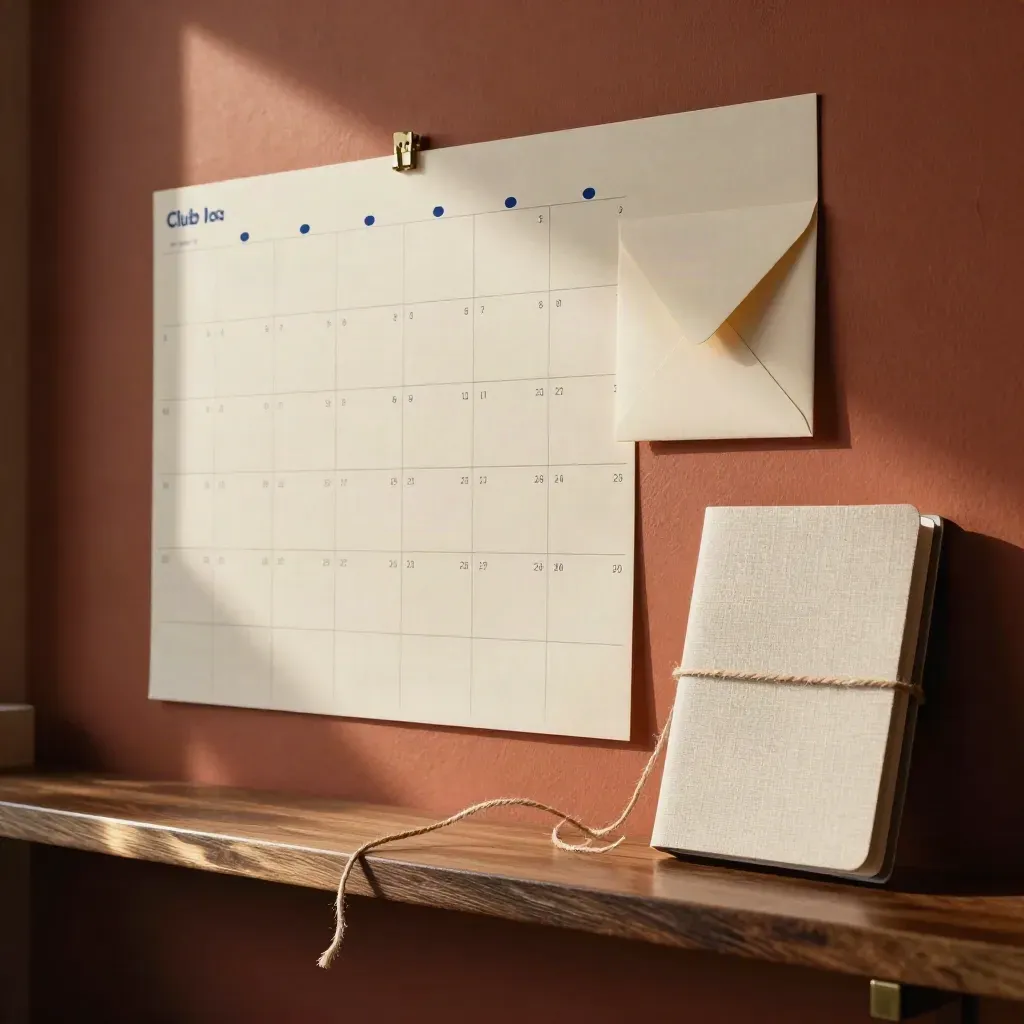 Planificateur de fêtes avec cartes, ficelle, enveloppes et carnet fermé dans une lumière feutrée.