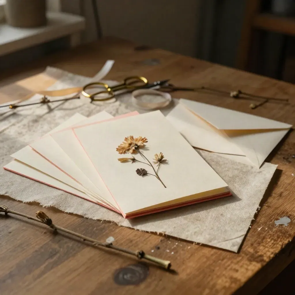 Cartes de vœux maison avec fleurs séchées, ruban, ciseaux et enveloppes sur un bureau en bois.