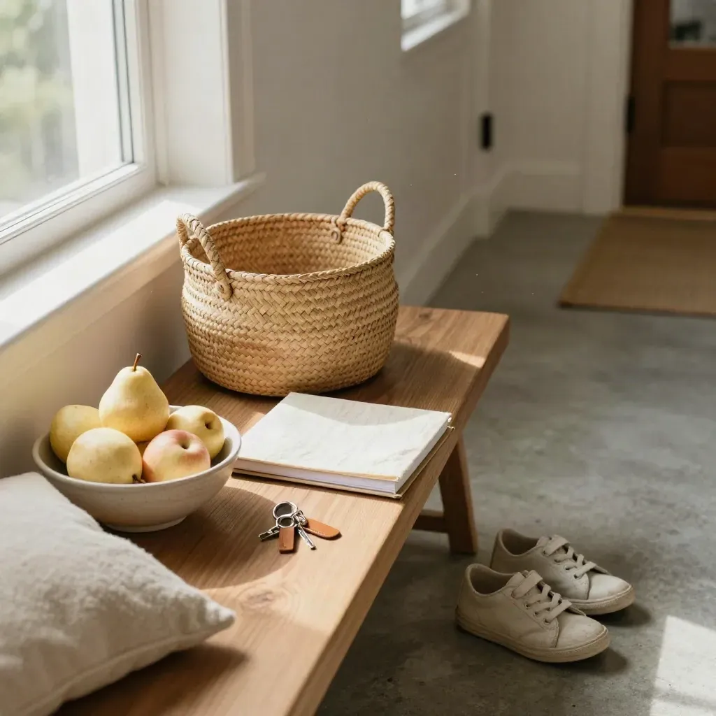 Entrée familiale avec carnet fermé, panier, fruits, baskets d’enfant et clés sous une lumière douce.