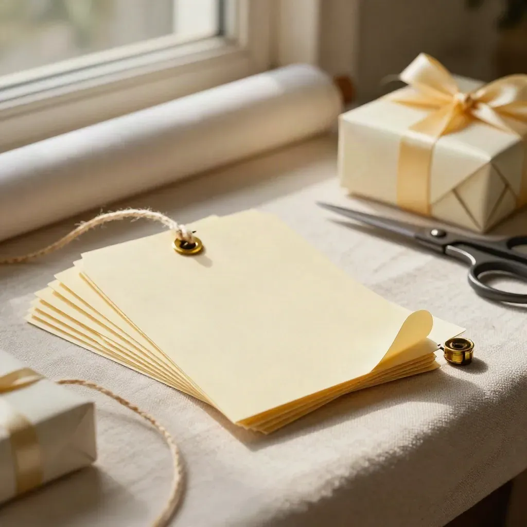 Gros plan d’étiquettes cadeau en éventail, ficelle, ciseaux et trombone en laiton sur papier crème.