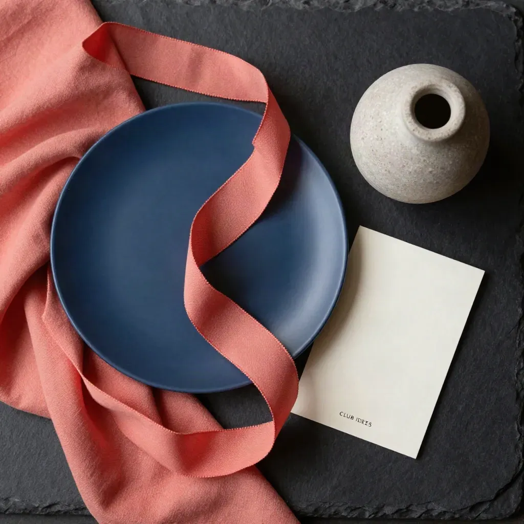Vue zénithale d’une palette bleu nuit et corail avec ruban, carte crème et vase en pierre.