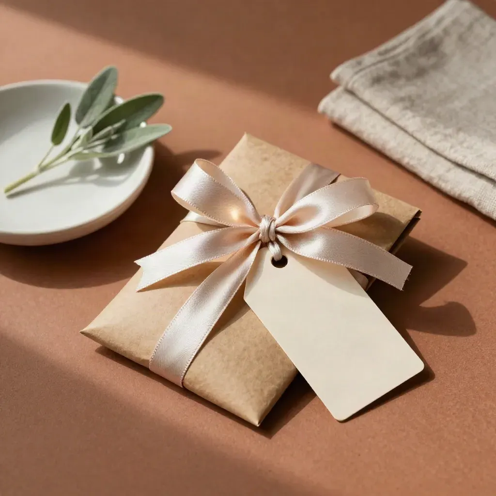 Petit paquet cadeau kraft avec ruban satiné, coupelle, plante et linge plié sur fond terracotta.
