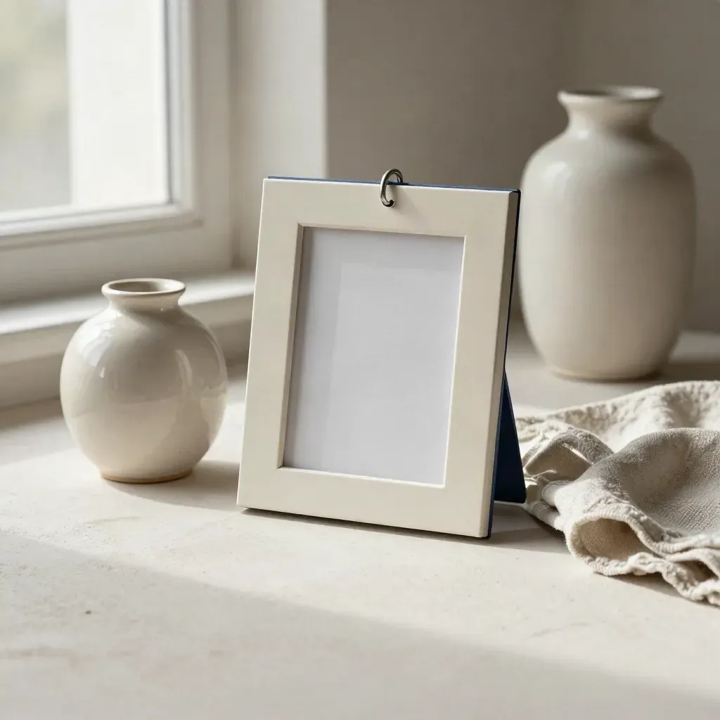 Cadre photo mat, crochet, échantillon ivoire, vase en céramique et linge plié sur fond clair.