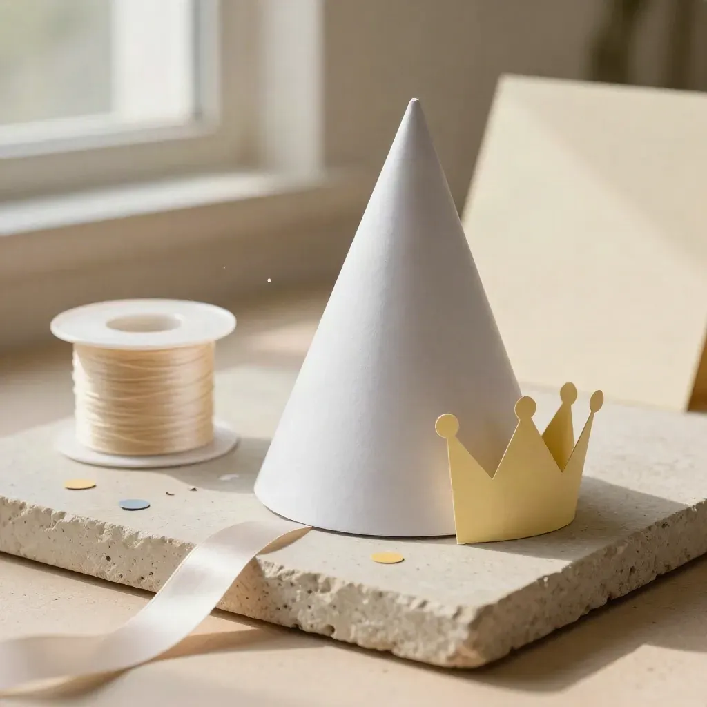 Chapeau de fête en papier, ruban, confettis et petite couronne sur plateau en pierre.