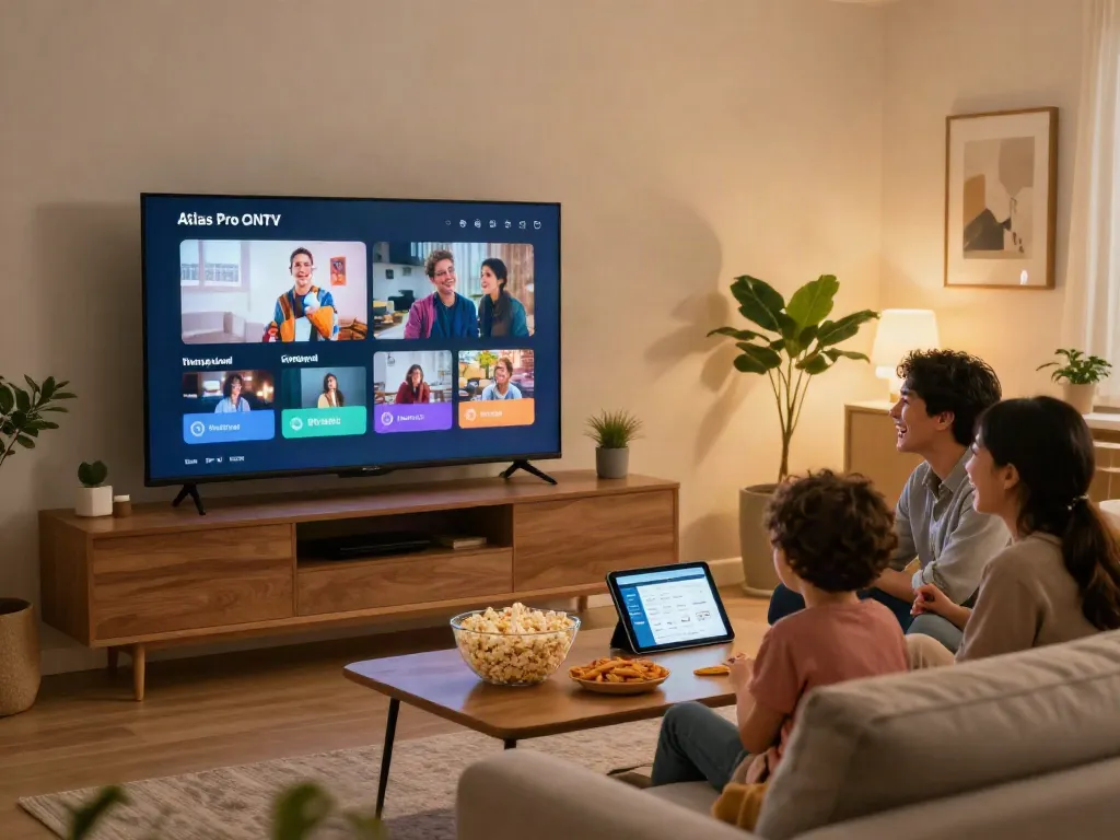 La famille profite de l'application Atlas Pro pour regarder des émissions dans un salon moderne.